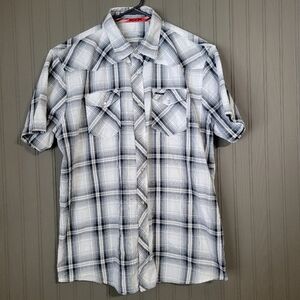Polaris RZR Pearl Snap Short Sleeve Shirt Collard Black Gray Blue Plaid Men's XL